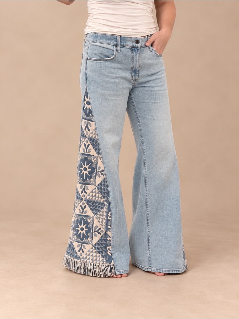Hurricane Resale Upcycled Joe’s Jeans Tapestry Side Panel Wide Leg Frayed Hem